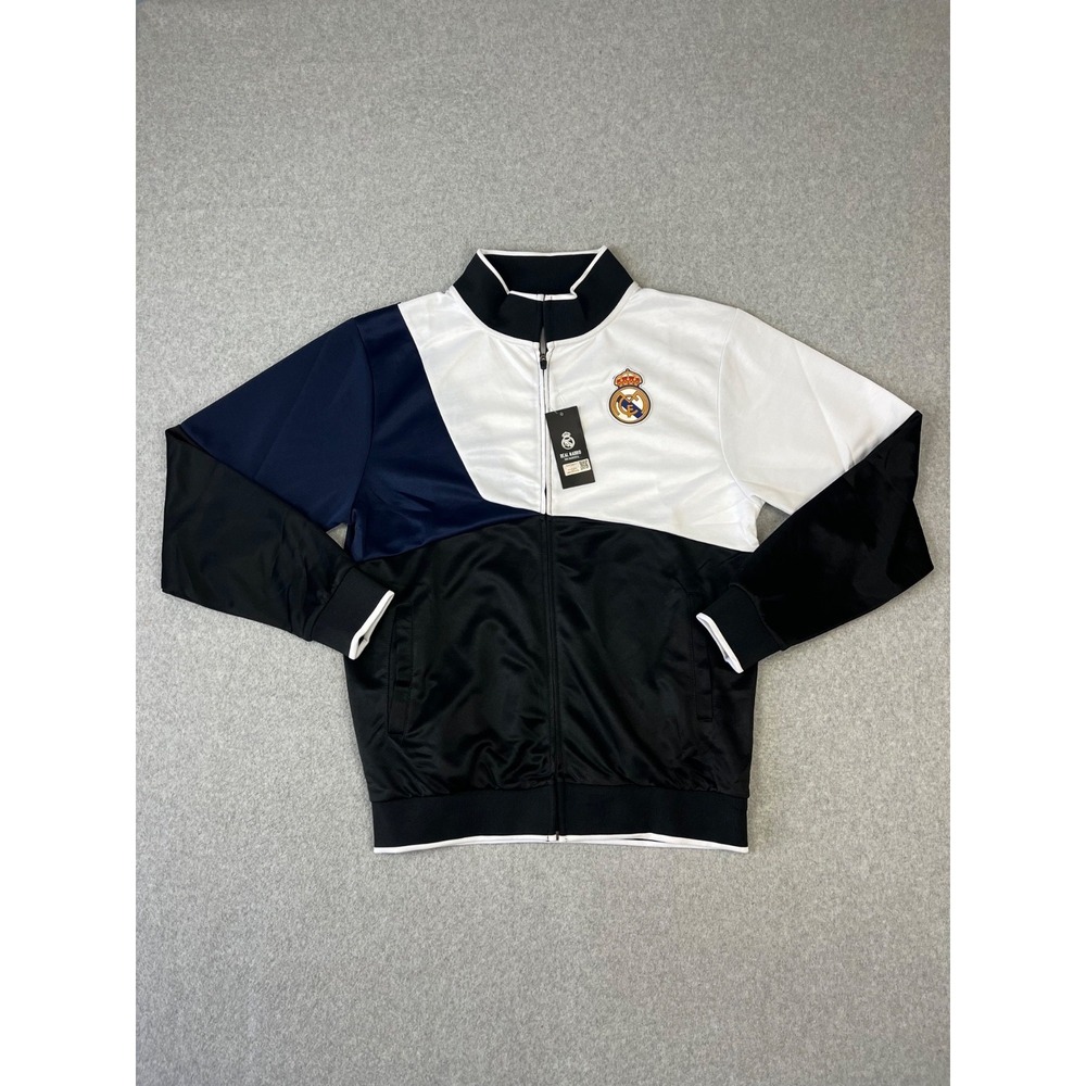 Real Madrid CF Track Jacket Mens L Black White Blue Color Block Full Zip - Picture 1 of 8